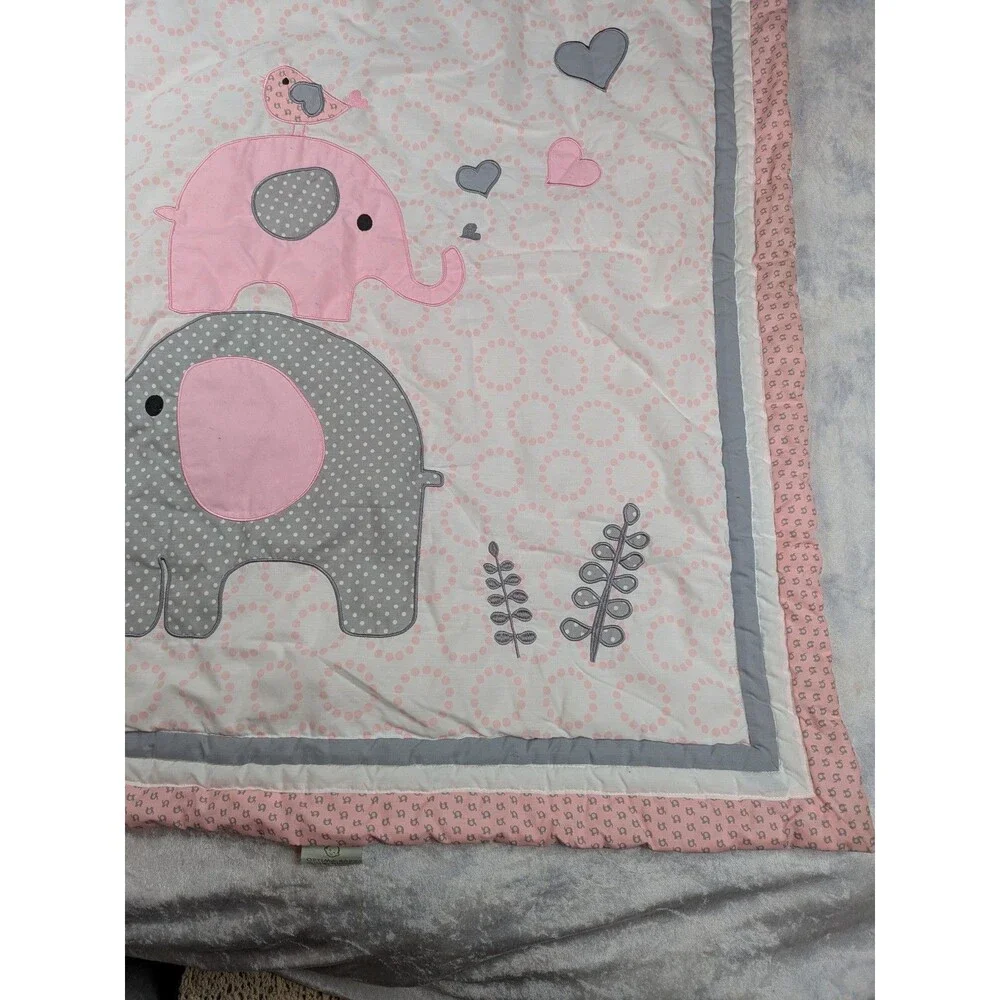Optima Baby Quilt Poly cotton  35 X 43 Elephants Hearts Birds Blanket Pink gray